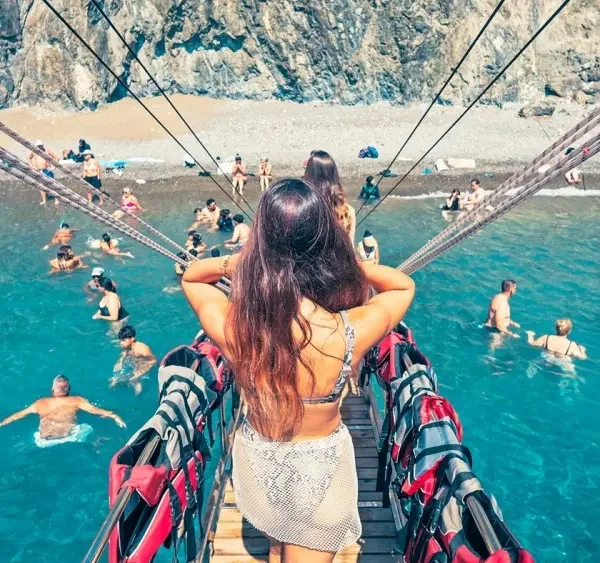 Boat approaching Suluada Island near Antalya